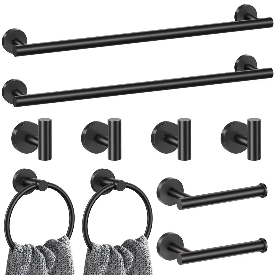 

Матовый черный набор фурнитуры для ванной комнаты, набор полотенец из 10 предметов SUS304, набор аксессуаров для ванной комнаты из нержавеющей стали, круглые полотенца Ho