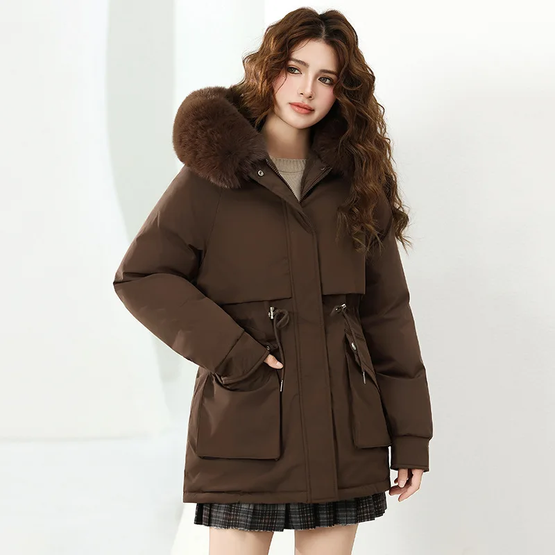 

Cotton Padded Hooded Detachable Fur Collar Coat Women's Winter Thickened Fleece Lined Snow Parka Loose Warmer Long Jacket Female