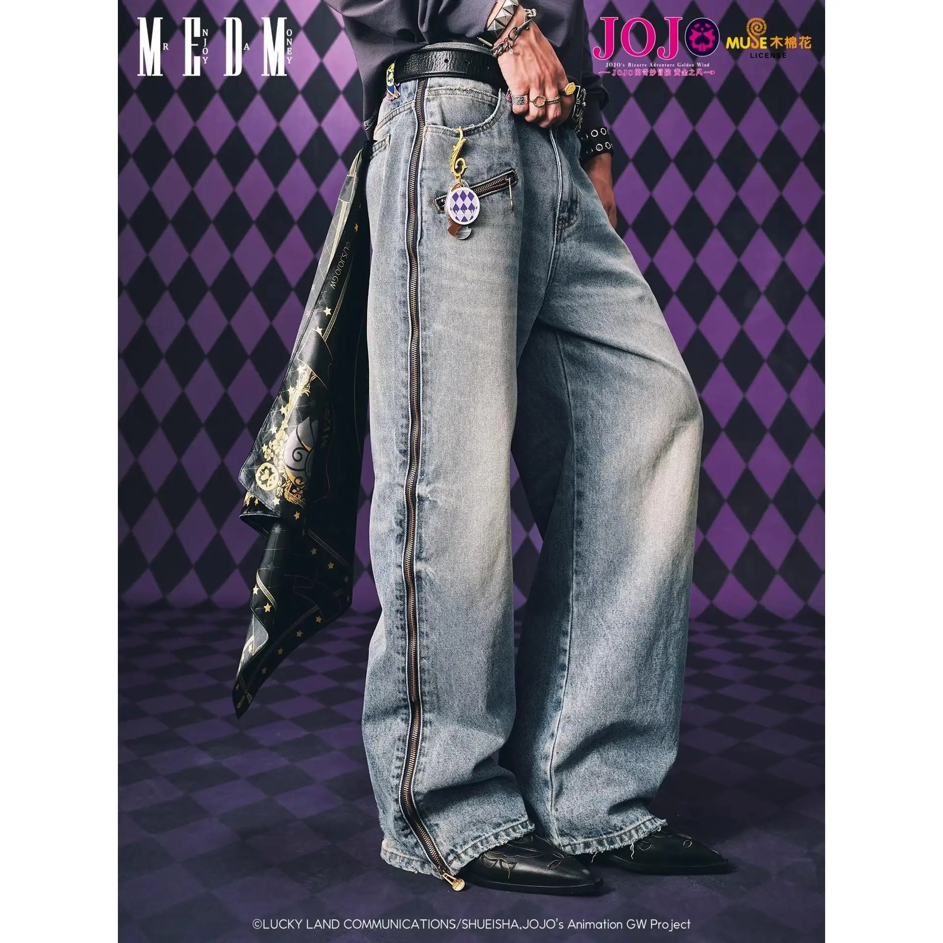 JoJo Anime Zip Off Panel Jeans Men Women High Waist Wide Leg Detachable Print Denim Pants Purple Gold Patchwork Straight Jeans