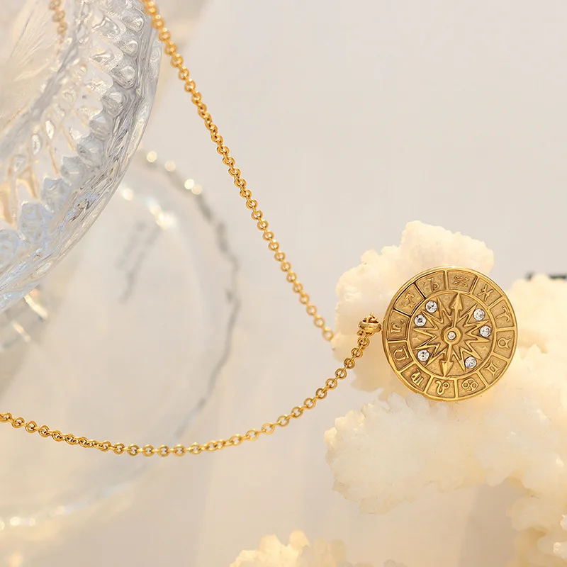 

Stainless Steel Necklace Constellation Dial Clockwise Cubic Zirconia Pendant 18 K Plated Trendy Jewelry Femme Necklace Gala