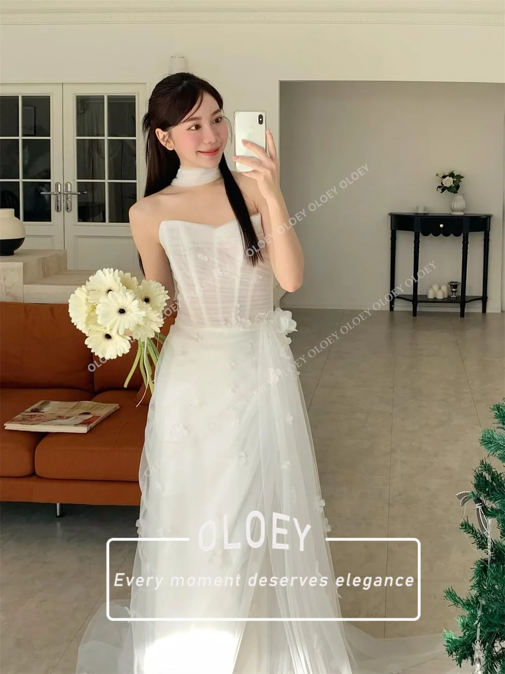 OLOEY Fairy Mermaid Wedding Dress Korea Photoshoot Soft Tulle Flowers Bridal Gown Customized Corset Detachable Sleeves Scarf