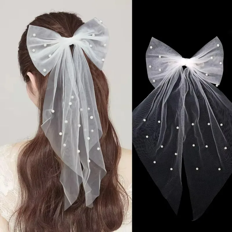 Women Long Ribbon Mesh Bow Hair Clips Elegant Pearls Hairpin for Bride White Mesh Hairpins Wedding Party Bride Hair Accessories