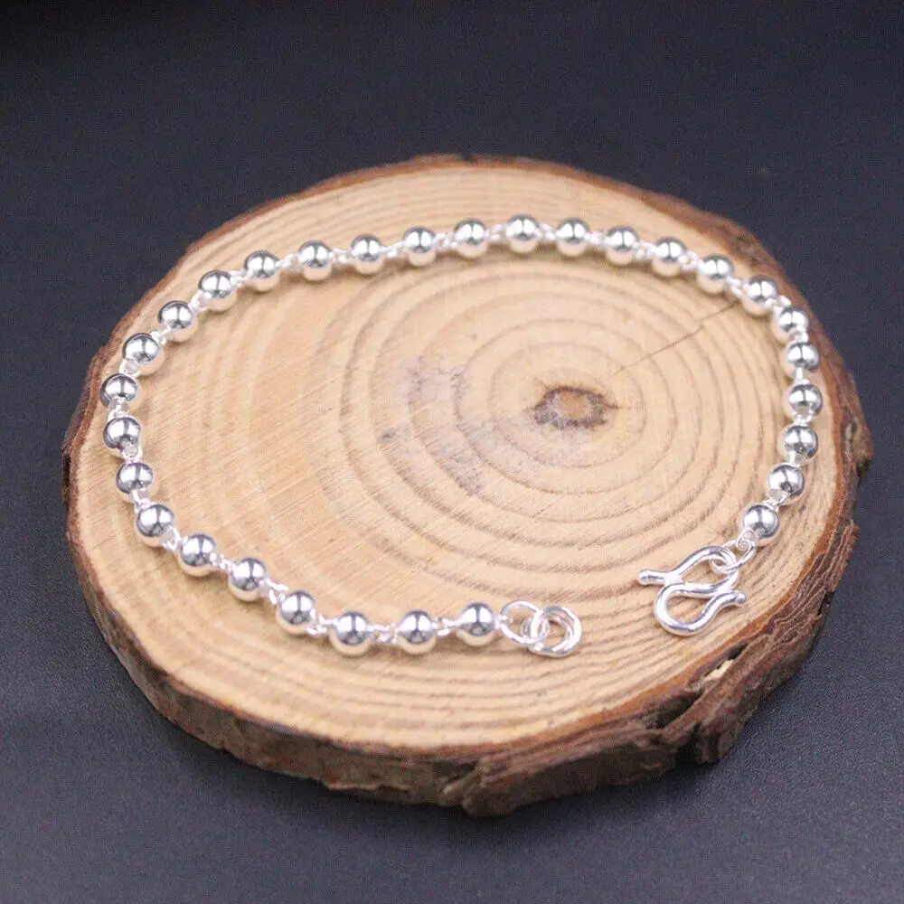 Real 999 Fine Silver Bracelet 4mm Bead Link Chain 7.48inch Stamp on Clasp