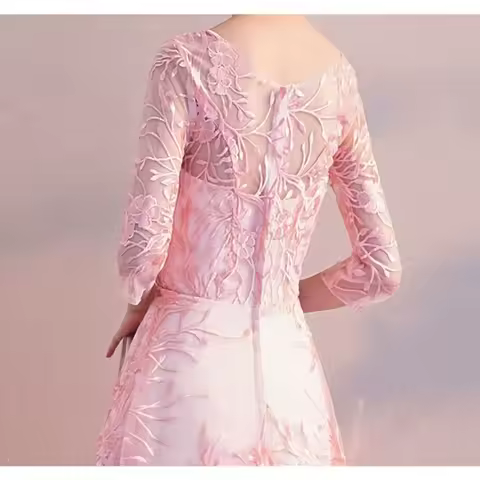 New Women's Mesh Embroidered Banquet Elegant Evening Dress Fashion Long Style Slimming Elegance Socialite Pink Bridesmaid Dress