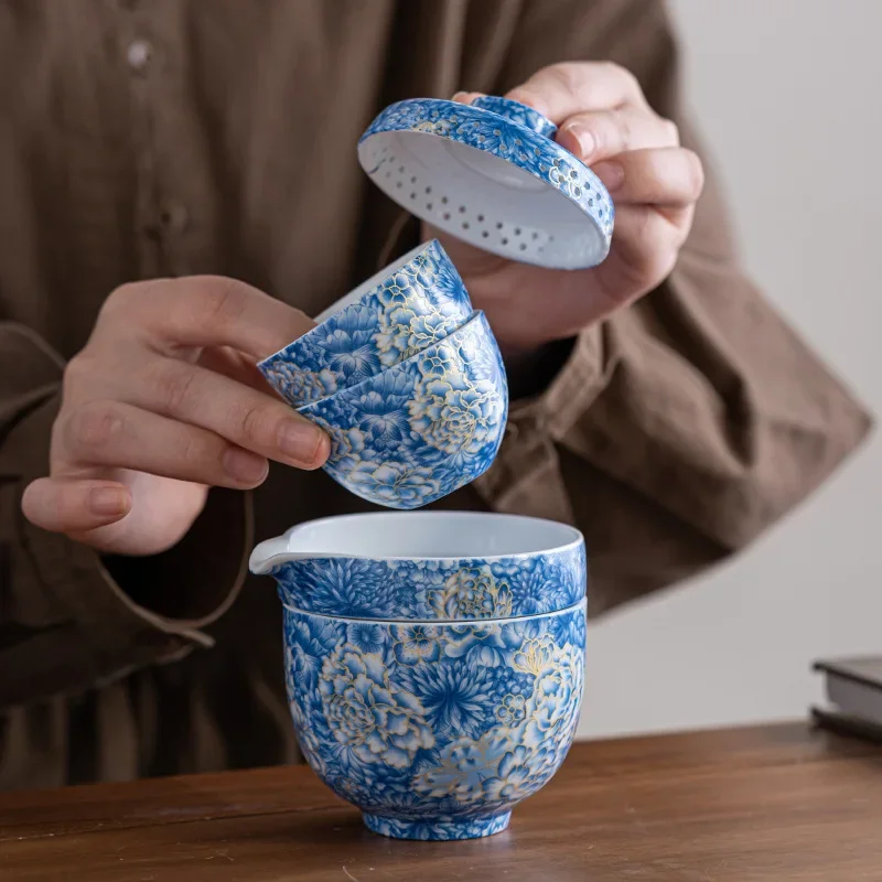 Multicolor Unique Tea Ceremony Set Blue and White Porcelain Tea Set Cool Travel Teaset Portable One Pot Three Cups Souvenir Gift