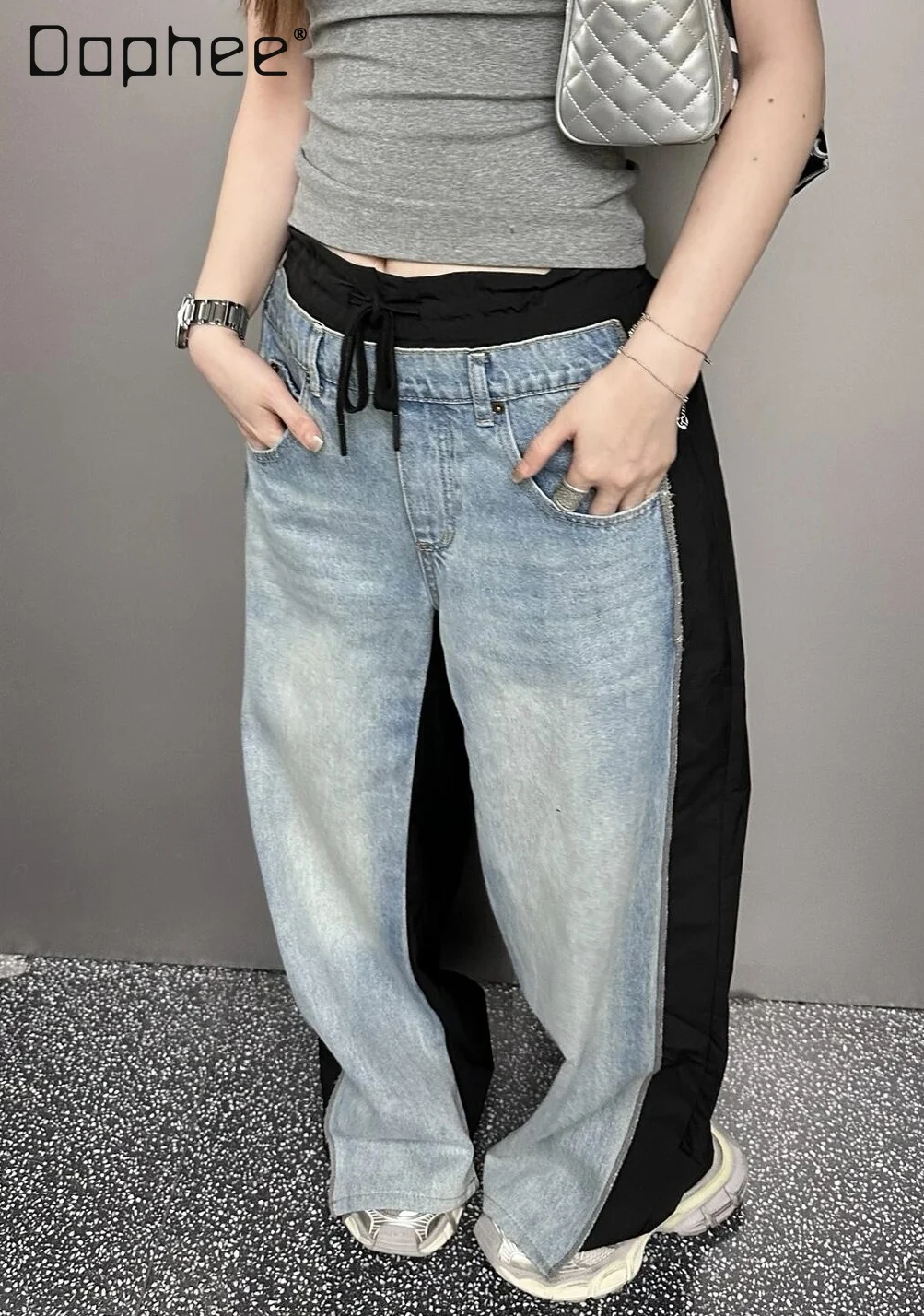 

Splicing Contrast Color Denim Pants Women's Drawstring Slim Straight Jeans Streetwear Casual Wide Leg Trousers Korean Fashion