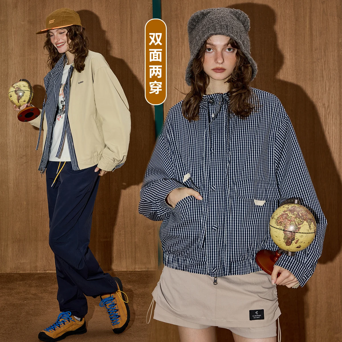 

Осень 2024, женская двусторонняя куртка в японском стиле, клетчатое пальто с воротником-стойкой и шнурком, негабаритная двусторонняя уличная одежда