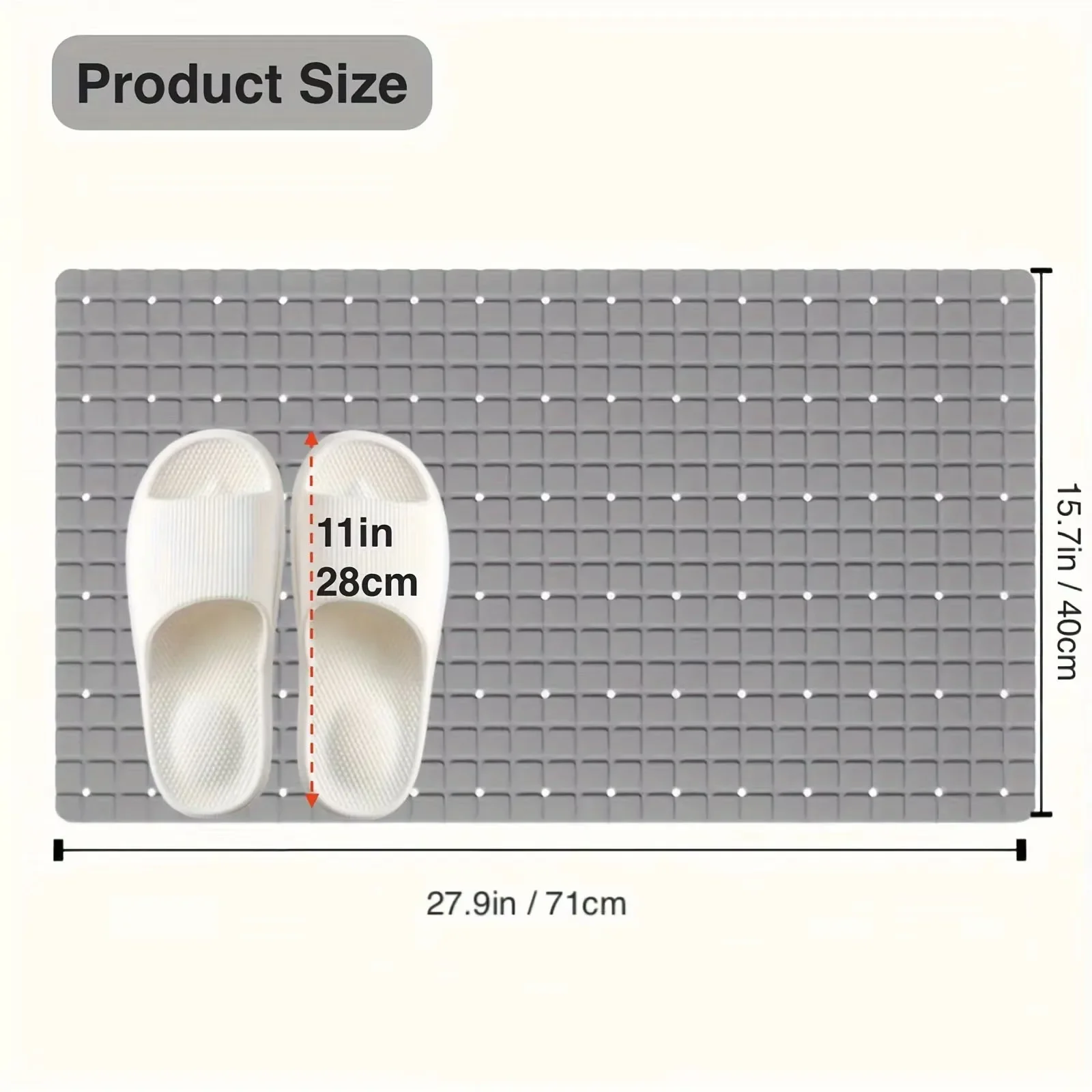 Premium PVC Bath Mat 1pc Non-Slip with Suction Cups And Drain Holes 27.9x15.7inch/71x40cm Safe Shower Bathroom Mat Easy to Use