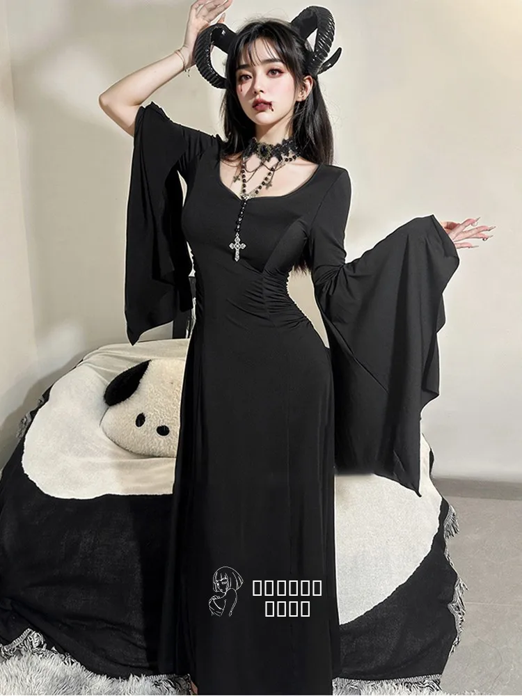 Vestido Gótico Ne de Manga Larga, Ajustado, para loween, Serie Oscura, Falda de Cola de Pez de Cintura Alta, Tela de Po...