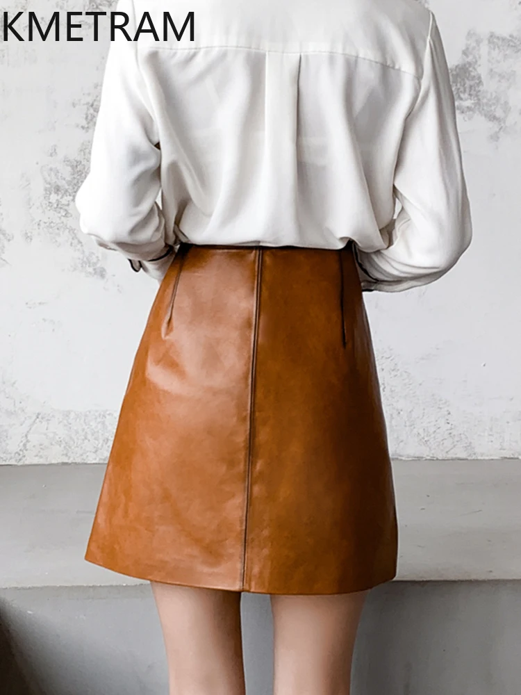 KMETRAM 100% تنانير نسائية من جلد الغنم بطبقة علوية لخريف 2025 تنورة صفراء من الشمع الزيتي تنورة قصيرة من الجلد الطبيعي ملابس نسائية يجيبكا #2
