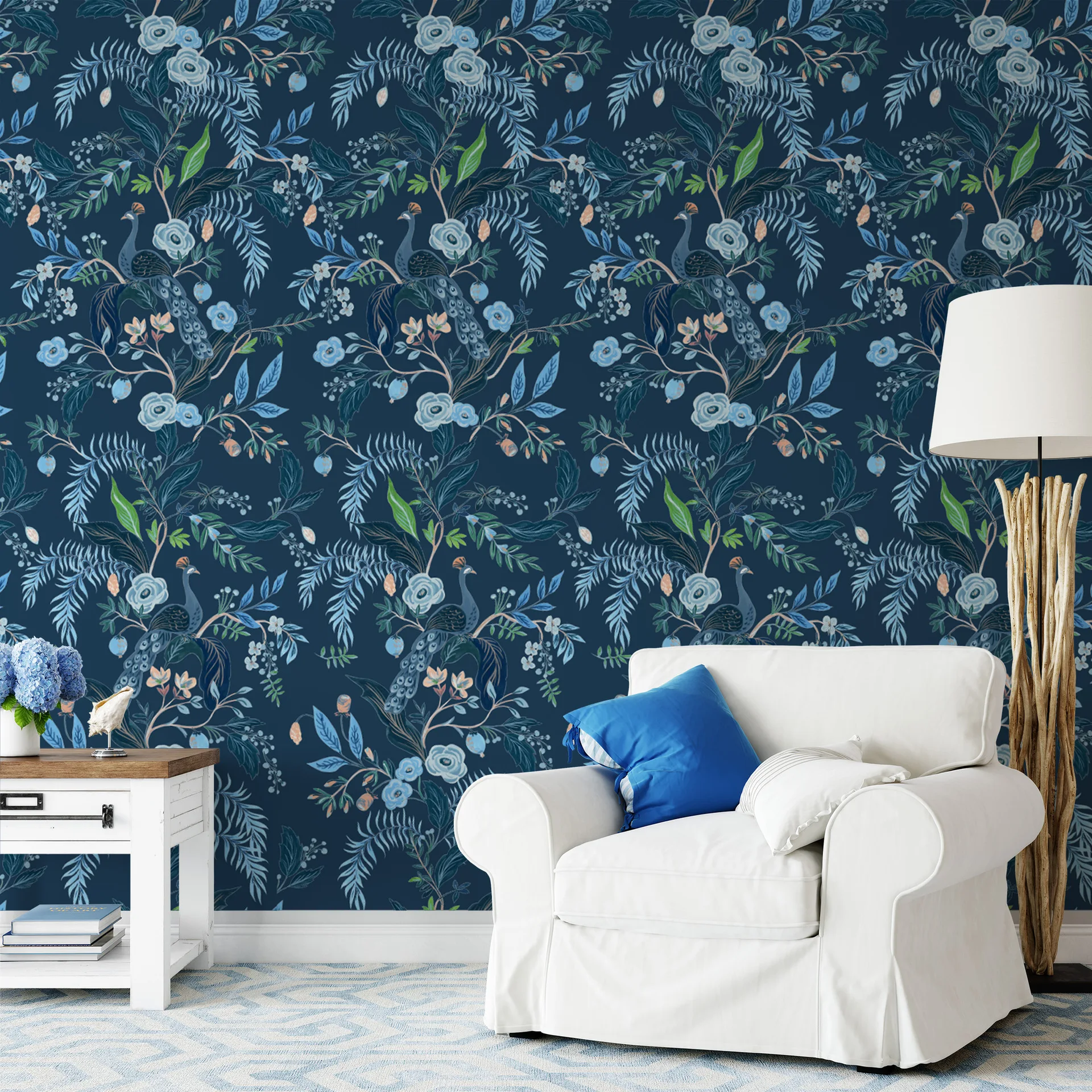 Peel and Stick Jungle Wallpaper Sticker Blue Tropical Peacoack Wall Paper Floral Self Adhesive Contact Paper Wall Mural Bedroom