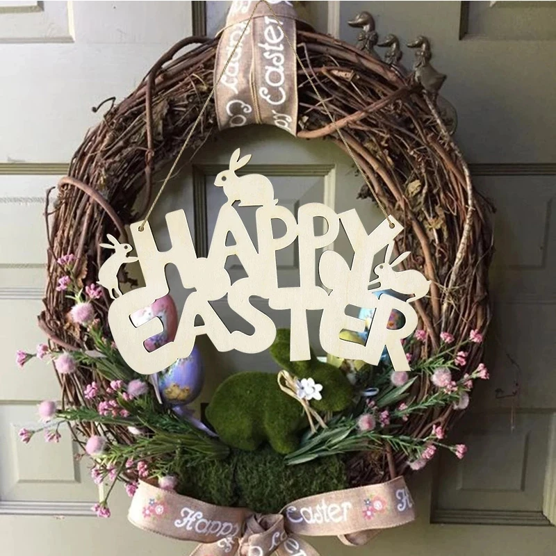 1Pc Happy Easter Decor Houten Deur Hangende Teken Leuke Paasei Konijn Hanger Hout Ambachten Voor Thuis DIY Pasen krans Benodigdheden