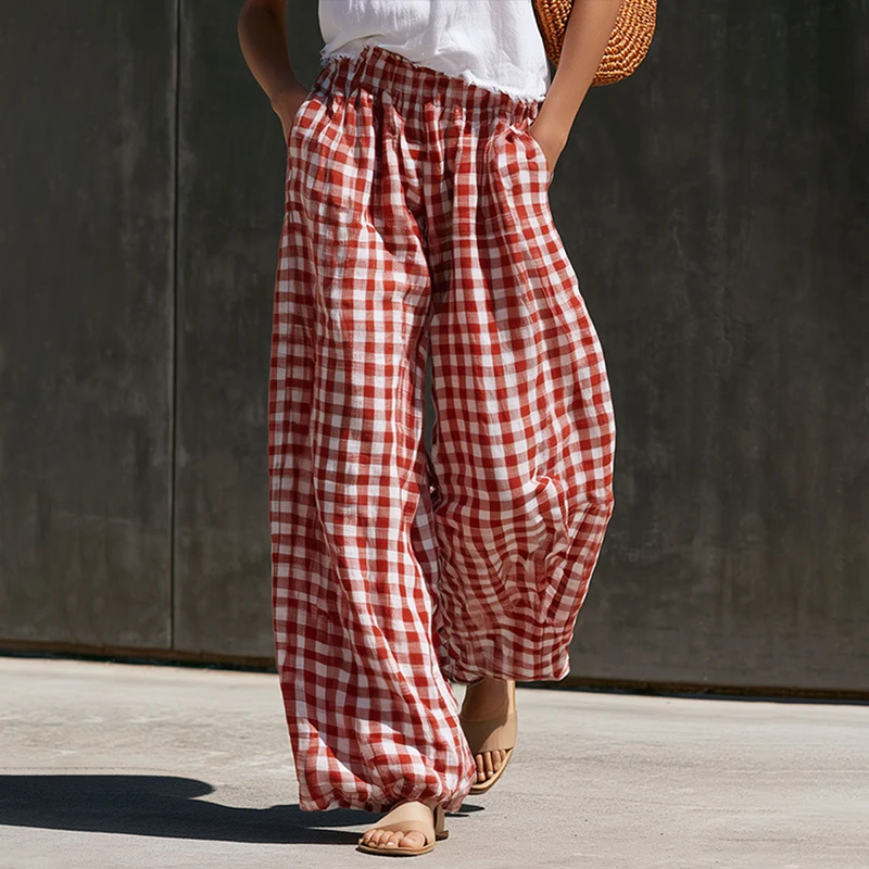 BKLD Classic Retro Plaid Printed Loose Pants Women's High Waist Loose Fit Wide Leg Trouser Holiday Daily Casual Homewear Bottoms