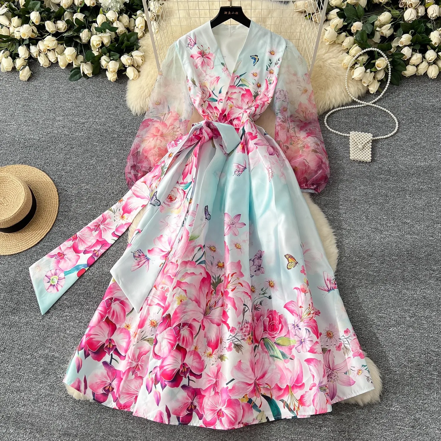 Gorgeous Flower Wrap Dress Women's V-Neck Long Lantern Sleeve Chiffon Patchwork Thick Satin Bandage Lace Up Long Party Vestidos