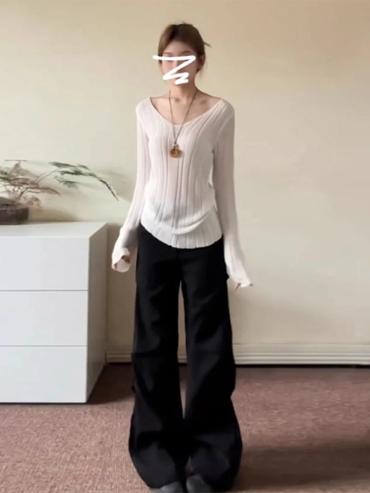 

White V-Ne Knitted Base Layer Top Women's Slim Fit Long Sve Waist-Cinching Casual Sle Faionable Innerwear