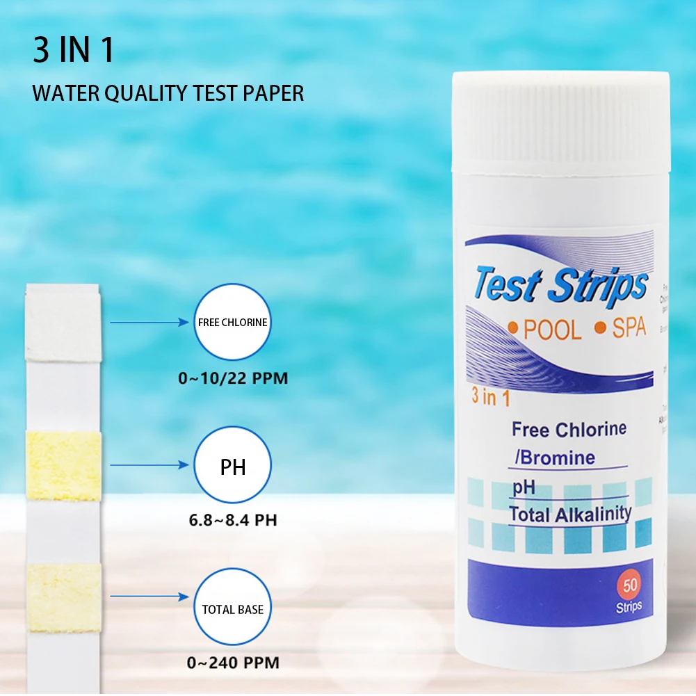 50pcs 3-in-1 Water Quality Test Strips for Pool Spa Aquarium Residual Chlorine PH Value Alkalinity Test Strip Easy Detection