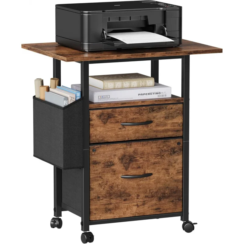 

2 Drawer Rolling File Cabinet with 24 Inch Extended Desktop Mobile Storage Organizer with Side Bag for Printer Home Office