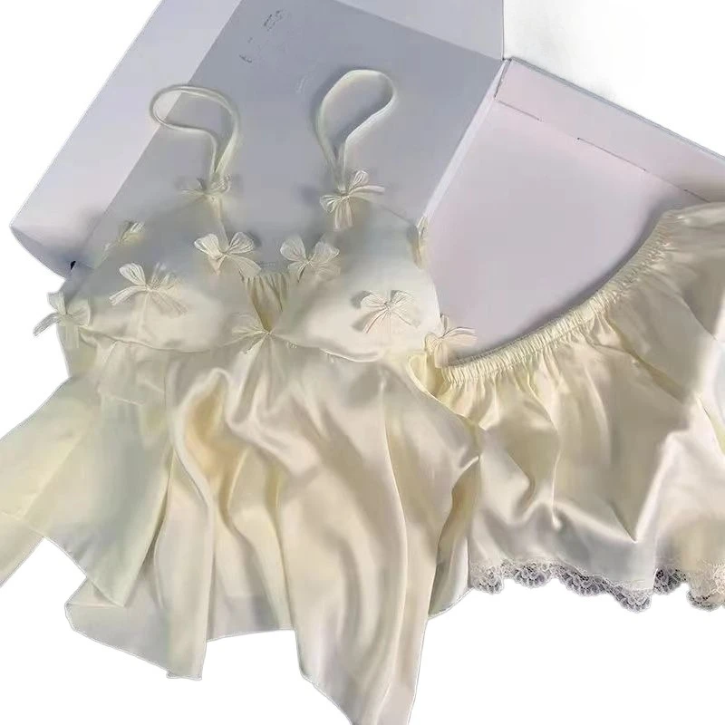 Pure Desire Girl Feeling with Chest Pad Suspender Shorts Two-piece Set 2026 Underwear Summer New Sweet and Sexy Ice Silk Pajamas