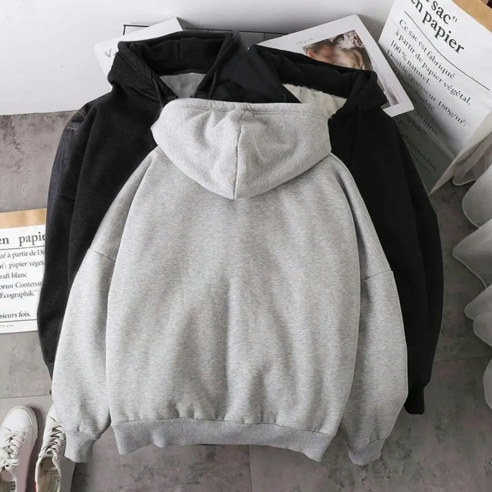 Men Polyester Hoodie Men's Thick Plush Hoodie with Drawstring Pockets for Fall Winter Sports Zip-up Long Sleeves Elastic Cuff