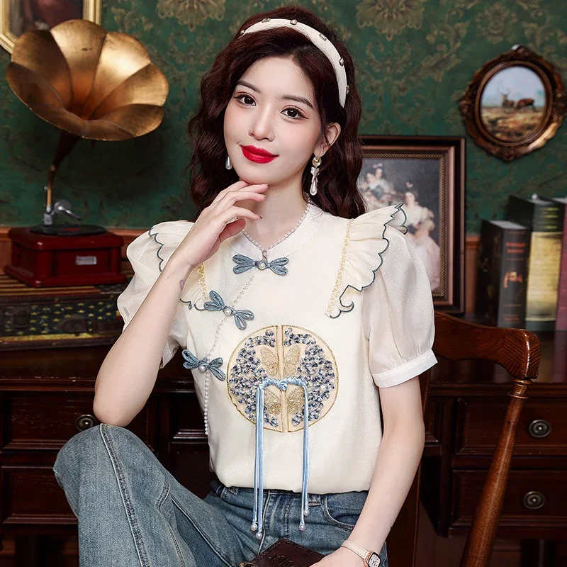 Summer Short Sleeve Women Shirt Ruffles Beading Embroidery Chiffon Shirt Blouse Women Tops Blusas Mujer De Moda 2024 Verano H754