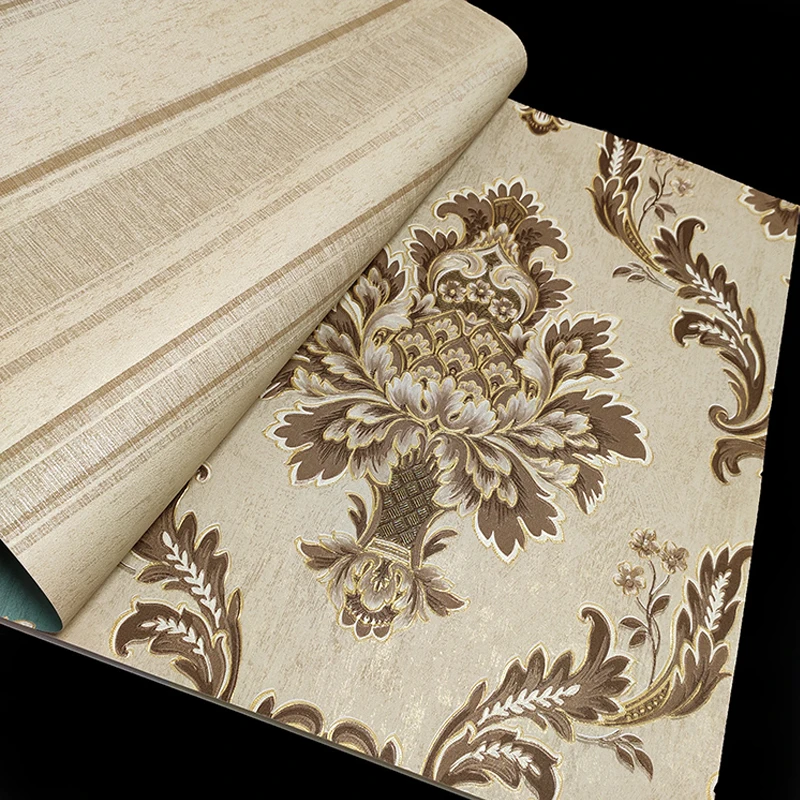 

Европейские обои в дамасскую полоску для гостиной для спальни, 3D дамасские тисненые обои цвета хаки с цветочным принтом, рулоны, версия AB
