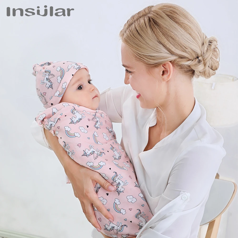 Insular Newborn  Baby Blanket Printed Swaddle with Caps Infant Cartoon Wrapped Swaddling Cotton Sleeping Bag Blanket Bath Towel