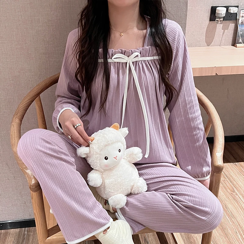 Spring Autumn New Casual Long Sleeve Women Two Piece Sets Luxury 2 Pieces Elegance Fallow Solid  Pajamas Set Homewear Outfits