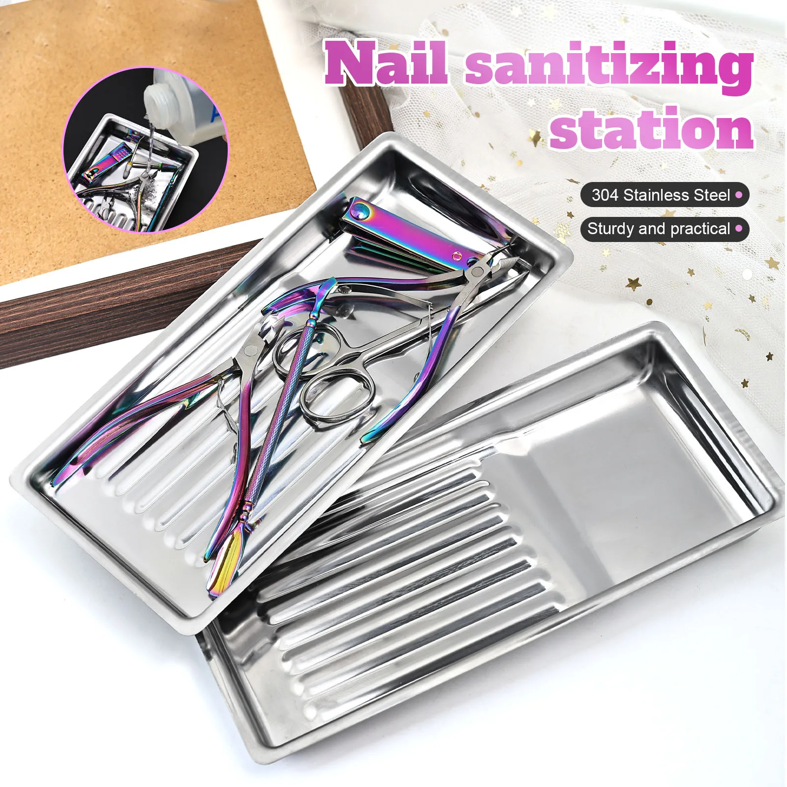 1pcs silver rectangular stainless steel tray, nail tool disinfection tray, thickened 304 stainless steel dental oral alcohol too