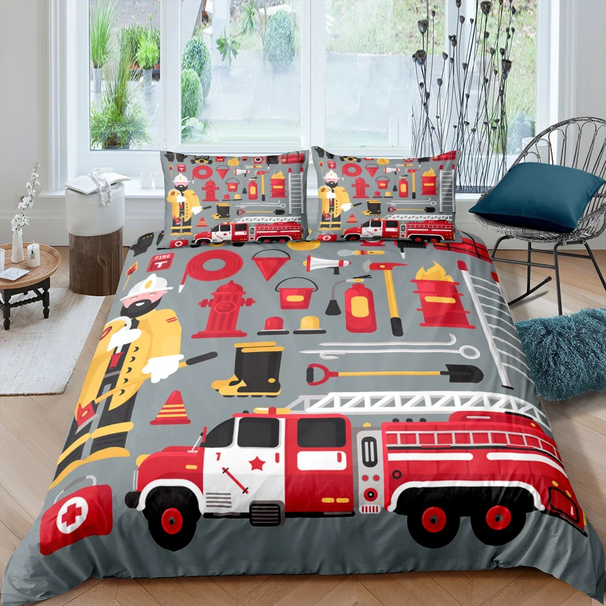 Fire Truck Fireman King Queen Duvet Cover Red Fire Fighting Supplies Bedding Set for Kid Fire Extinguisher Polyester Quilt Cover