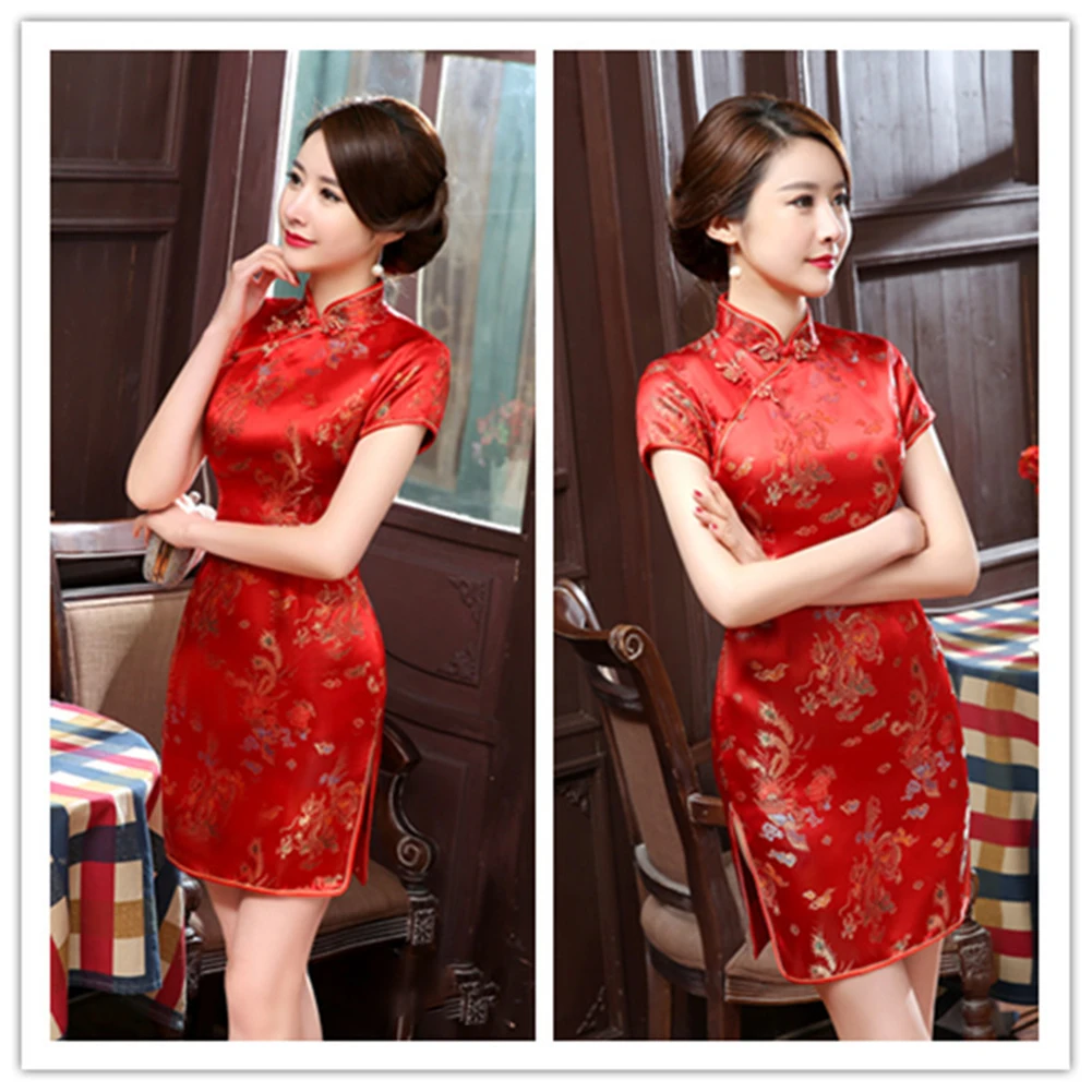 Vestido Cheongsam feminino artístico mostrando bordado exclusivo de dragão Phoenix em um design clássico ótimo para todas as ocasiões