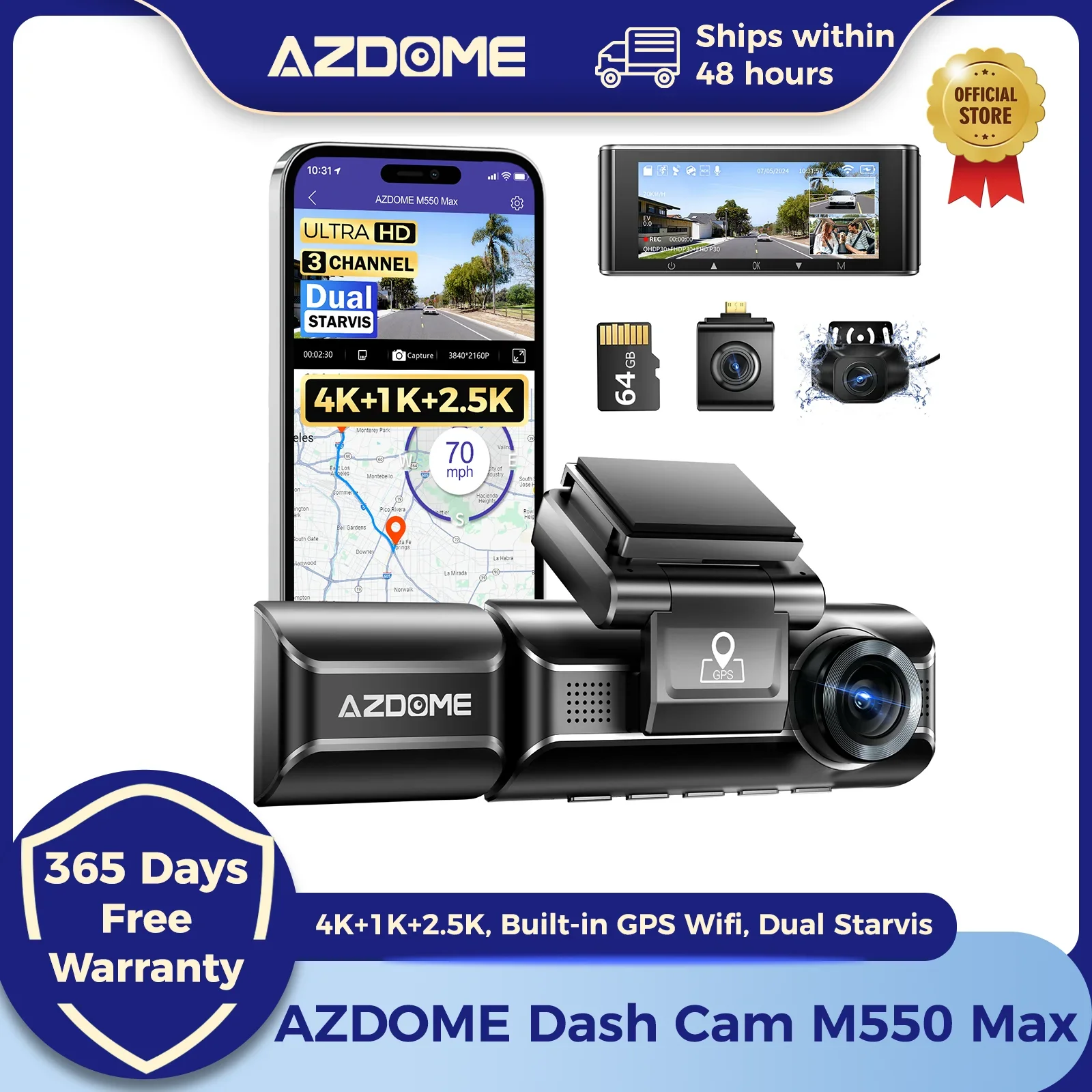 AZDOME M550 Max Dash Cam Ultra HD 4K+1K+2,5K 3,18-Zoll-Bildschirm Eingebauter GPS-WLAN-Auto-DVR 24H