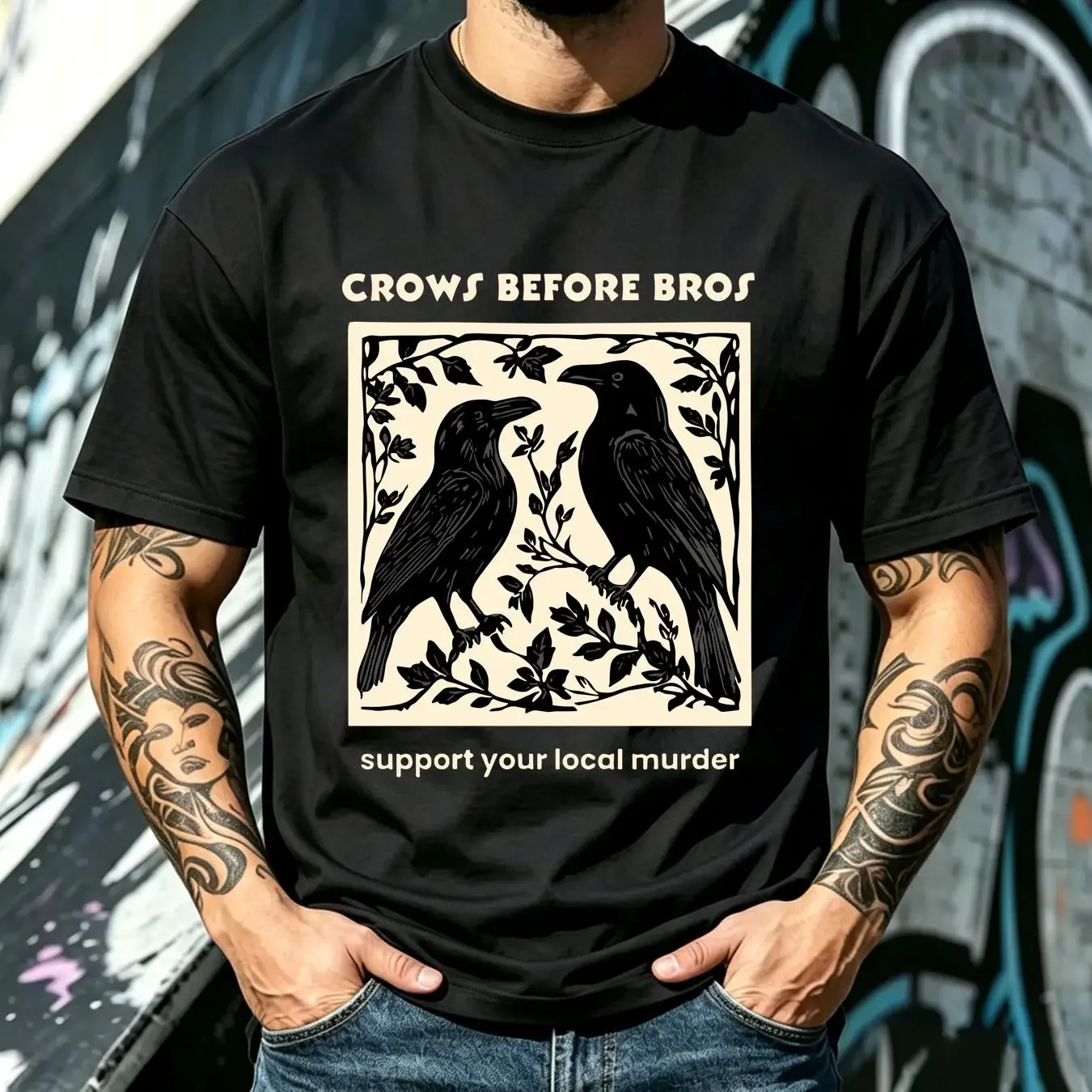 washed T Shirt Crows Before Bros Support Your Local Murder Funny Corvid Soft Cotton Crewneck long or short sleeves vintage