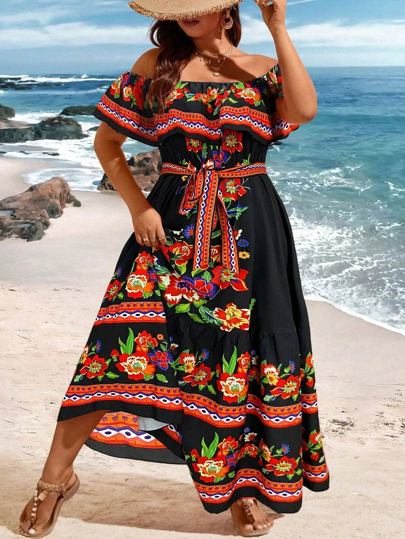 

Boho Summer Holiday Floral Off Shoulder Ruffle Hem Maxi Dress
