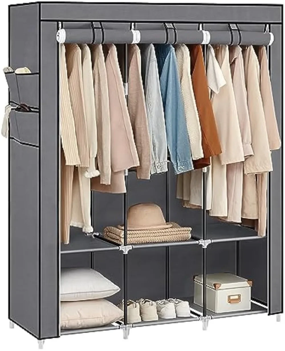 Portable Closet, Wardrobe Closet Organizer with Cover, 3 Hanging Rods and Shelves, 4 Side Pockets, 51.2 x 17.7 x 65.7 Inches