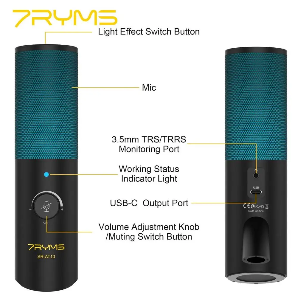 7ryms SR-AT10 rgb usb microfone para youtube tiktok desktop cardióide condensador podcast microfono gravação streaming microfones