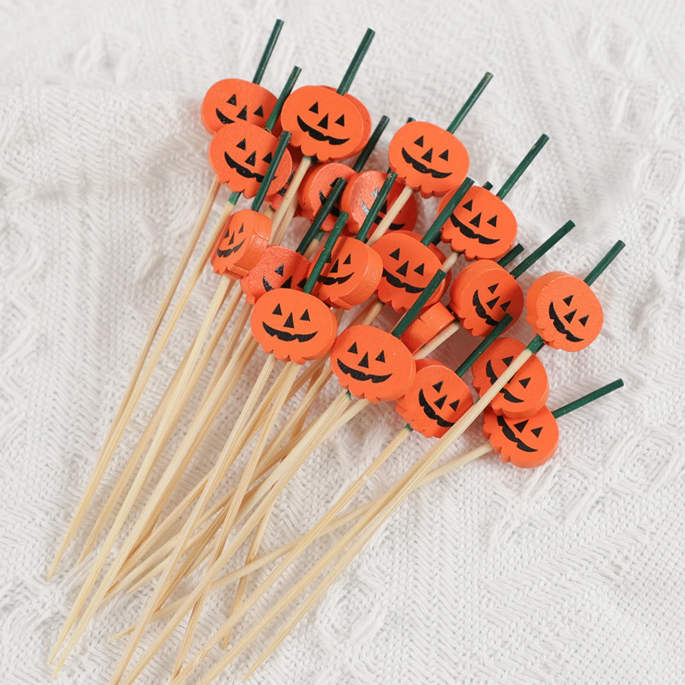 50Pc Halloween Pumpkin Bamboo Disposable Fruit Fork Skewer Sandwich Dessert Cake Food Picks Birthday Halloween Party Decoration