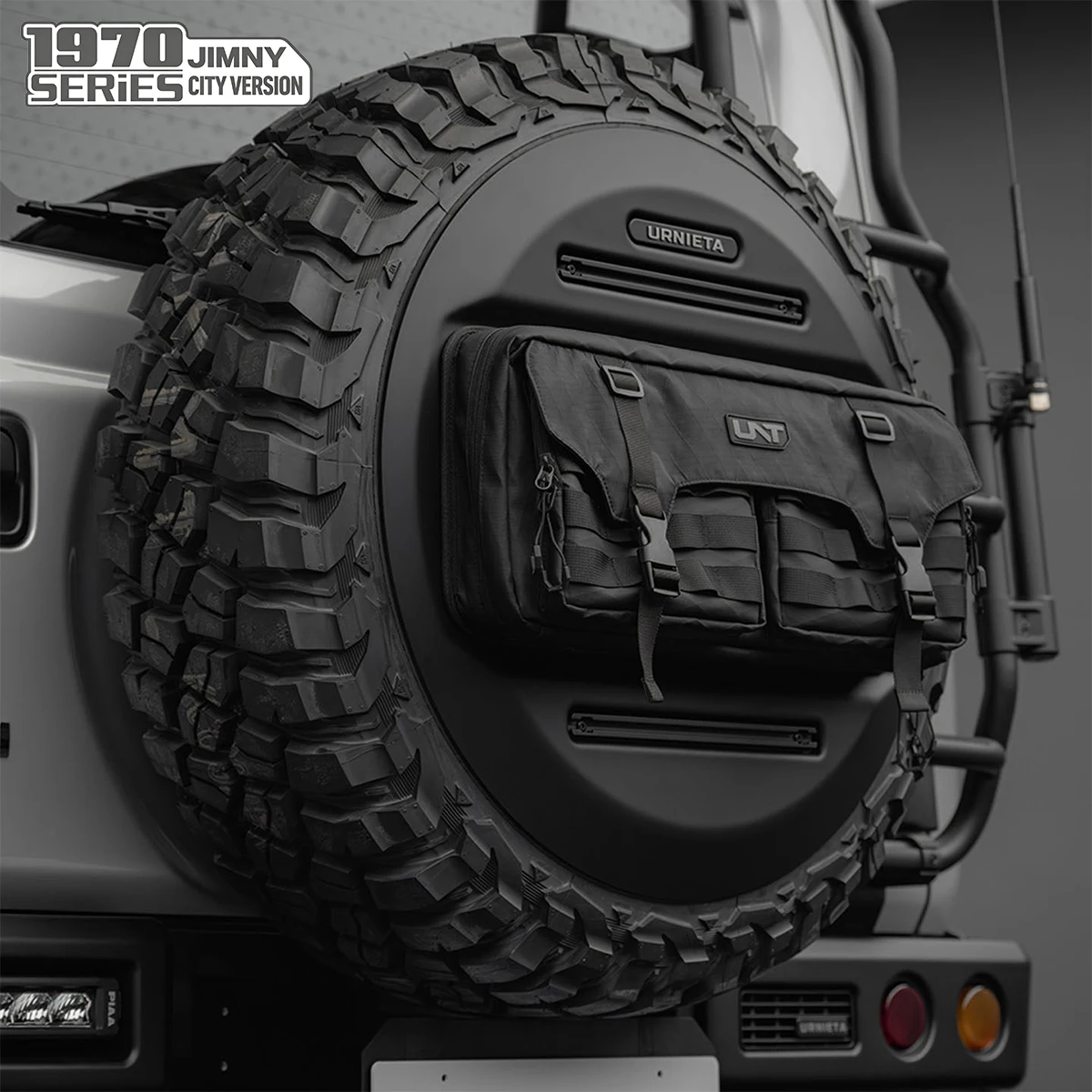 Urnieta-1970 Spare Tire Cover Kit with Expandable Cargo Plate & Storage Bag, Universal Fit for Full-Size Spare Tires – for JB74/