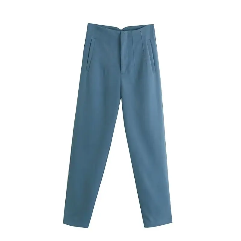 Straight Leg Pants High Waist Full Length Vintage Trousers for Women - Blue