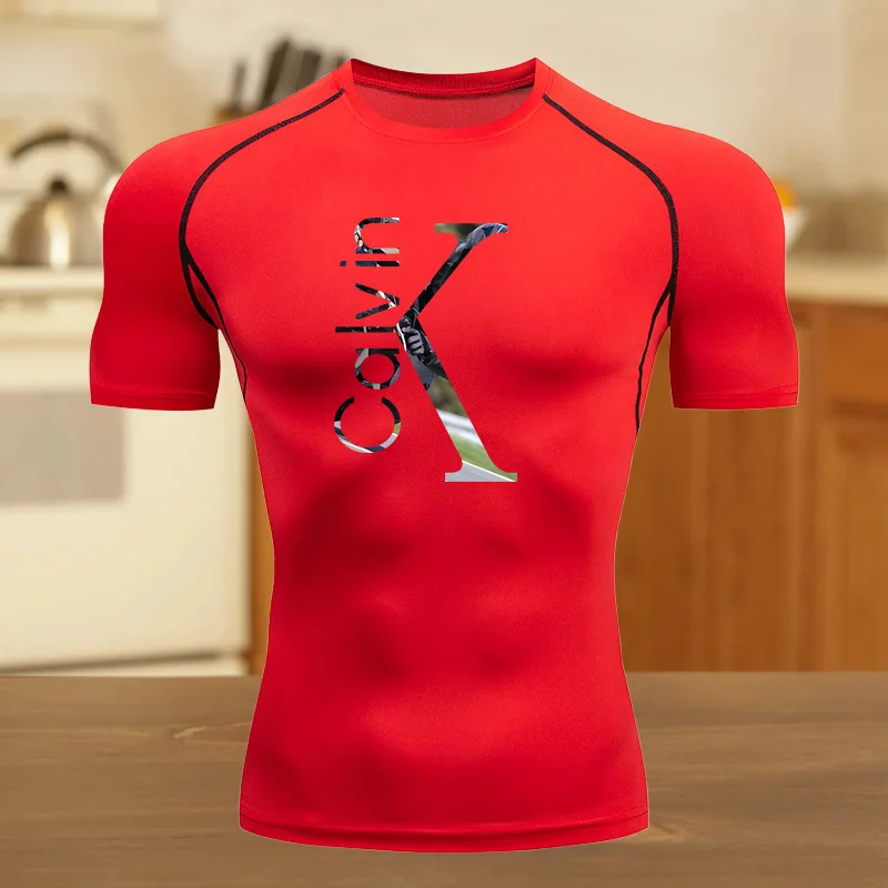 تي شيرت للياقة البدنية مريح للرجال للجري جرافيك قابل للتنفس بقصة ضيقة، تي شيرت صيفي للصالة الرياضية والركض والتدريب، بدلة لياقة بدنية مرنة #6