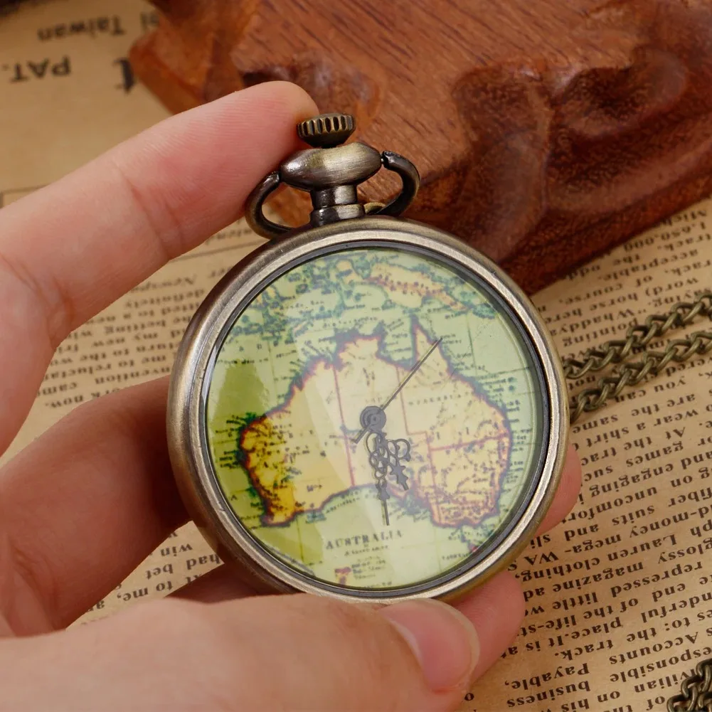 クラシックマップデザインクォーツ懐中時計女性男性ヴィンテージ高品質スチールネックレスペンダントジュエリークリエイティブギフト