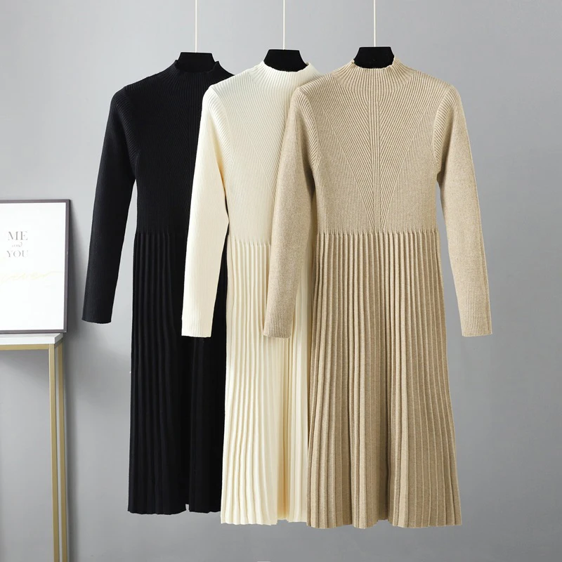 

2023 Autumn Winter Sweater Knitted Dresses Women Fashion Turtleneck Long Sweater Dress Ladies Warm Sweater Dress