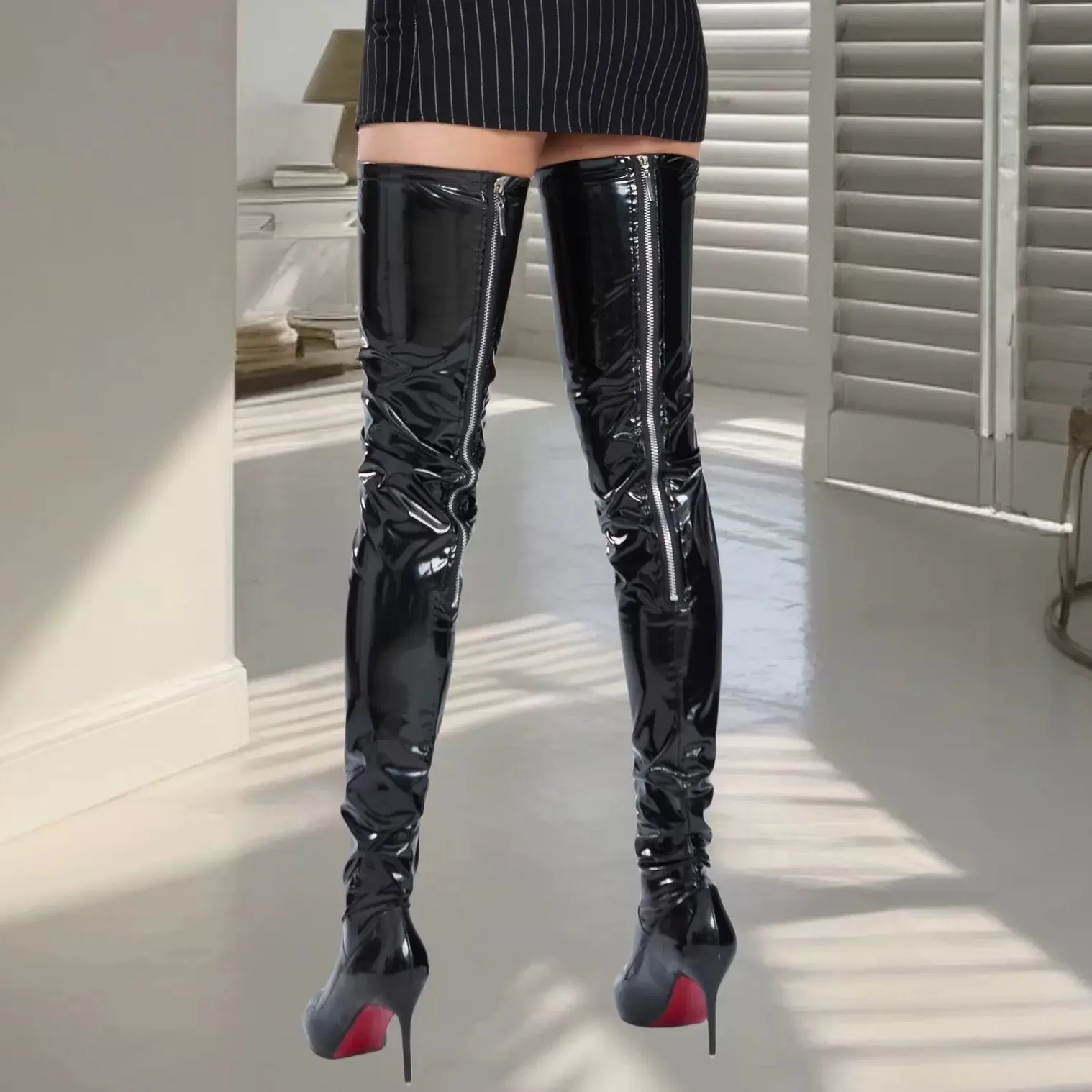 Gothic Women Stockings With Back Zipper Faux Leather Hold Up Silicone Boots Stockings Pole Dance Extra Large Leg Wear Clubwear