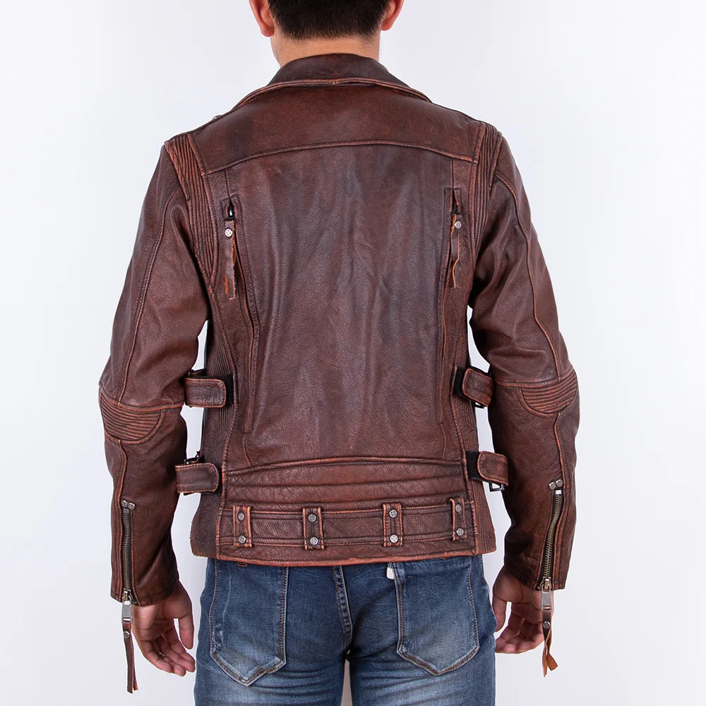 Men＇s2022 Autumn Brown jacket Top Layer Cowhide Retro Genuine Leather Oblique Zipper Motorcycle style Coat