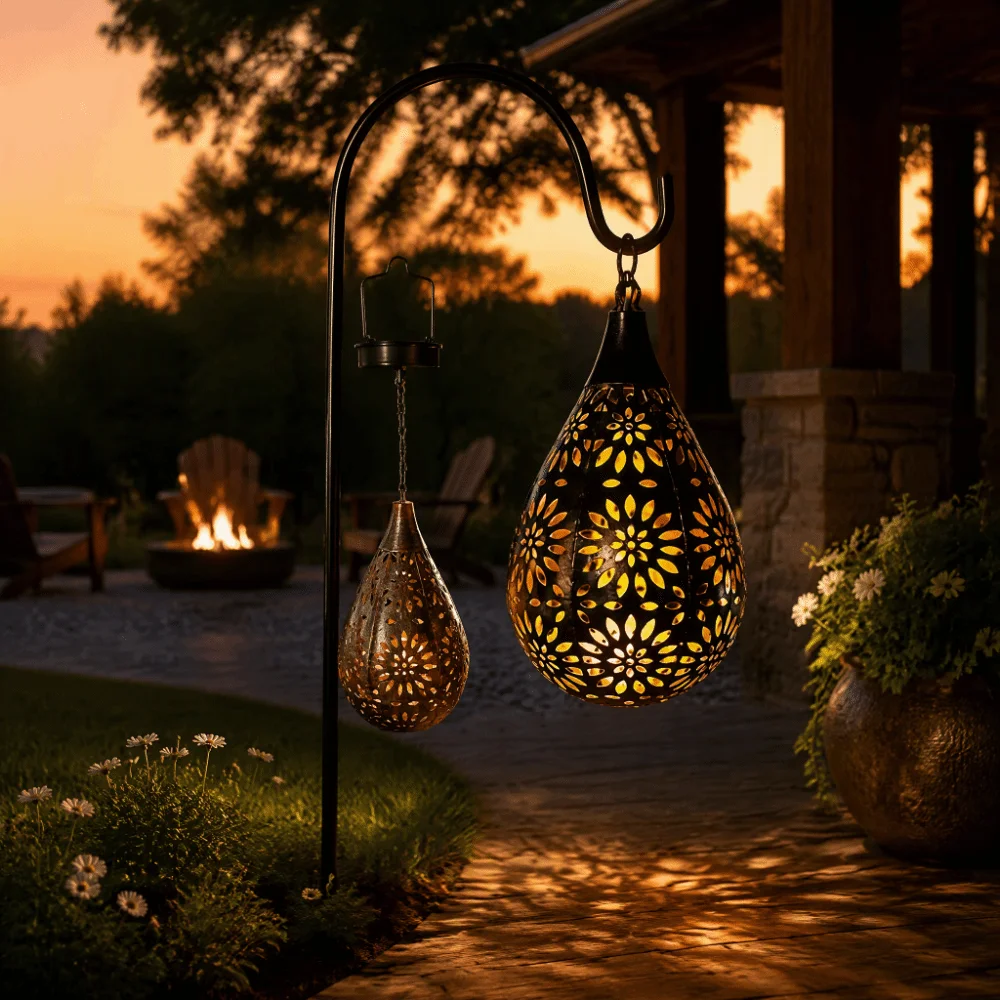 Hollow Iron Solar Hanging Lanterns Copper Color Moroccan Style Outdoor Solar Chandelier Easy Installation Rechargeable