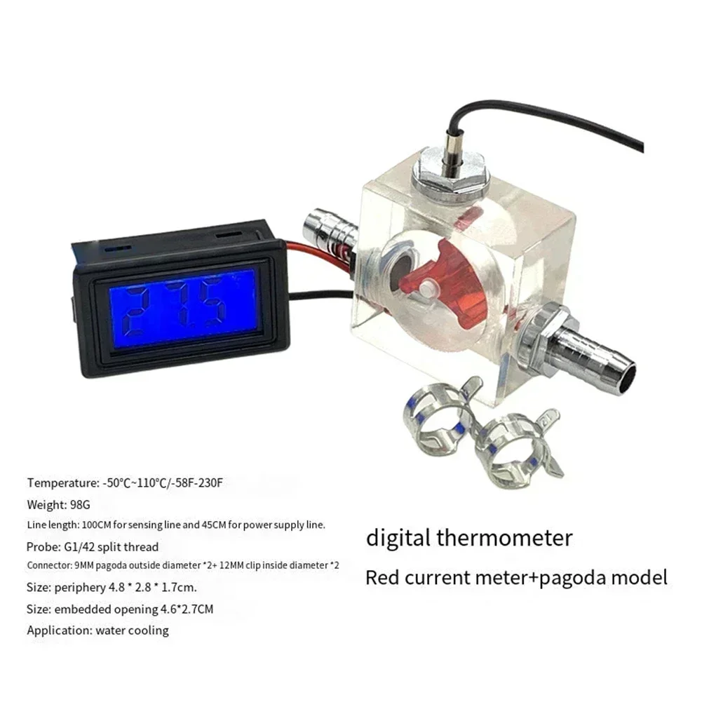 Water-cooled System LED Thermometer, Three-way Flow Meter With Pagoda Clip  For Test Measurement Tool Accessory