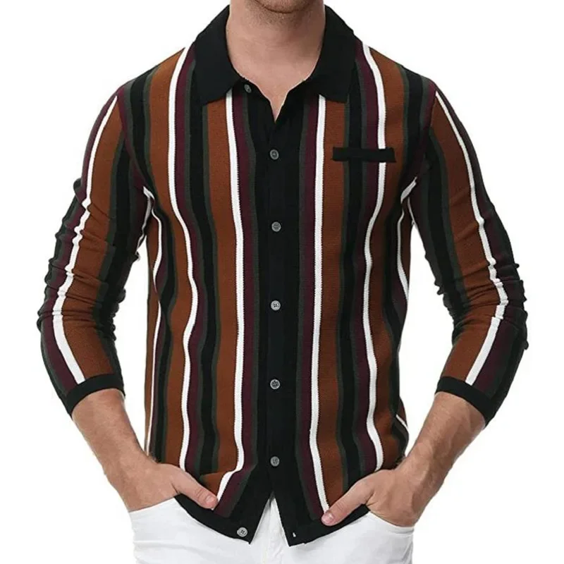 

Men's British Retro Button Cardigan, Long Sleeve Panel, Jacquard Stripe, Knitted, Business, Casual, New, Autumn, 2022