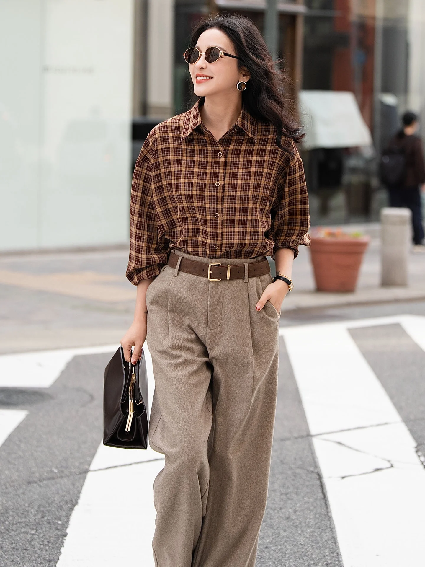 

Свободная винтажная женская рубашка в клетку с принтом слонов и жирафов, в стиле ретро, коричневая, повседневная, из полиэфирного волокна, с длинным рукавом