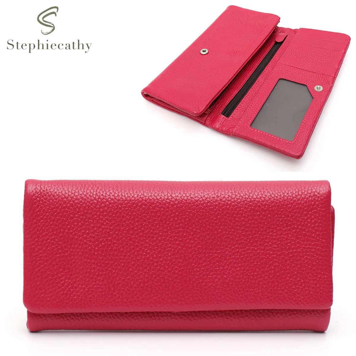 

﻿ SC Women Fashion Elegant Genuine Leather Wallet Solid Color Bifold Phone Purse Multi Cardslot Functional Daily Casual Portable