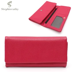  SC Women Fashion Elegant Genuine Leather Wallet Solid Color Bifold Phone Purse Multi Cardslot Functional Daily Casual Portable
