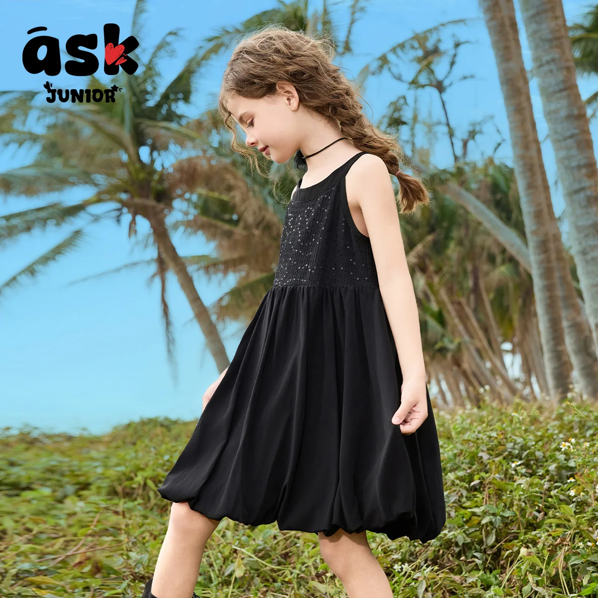 الاطفال الصيف الفتيات الترتر الأسود الزخرفية حمالة برعم اللباس #5